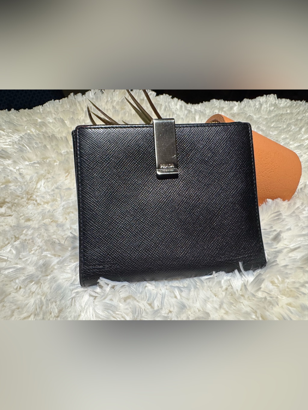 Prada Black Saffiano Leather Wallet With Metal Clip